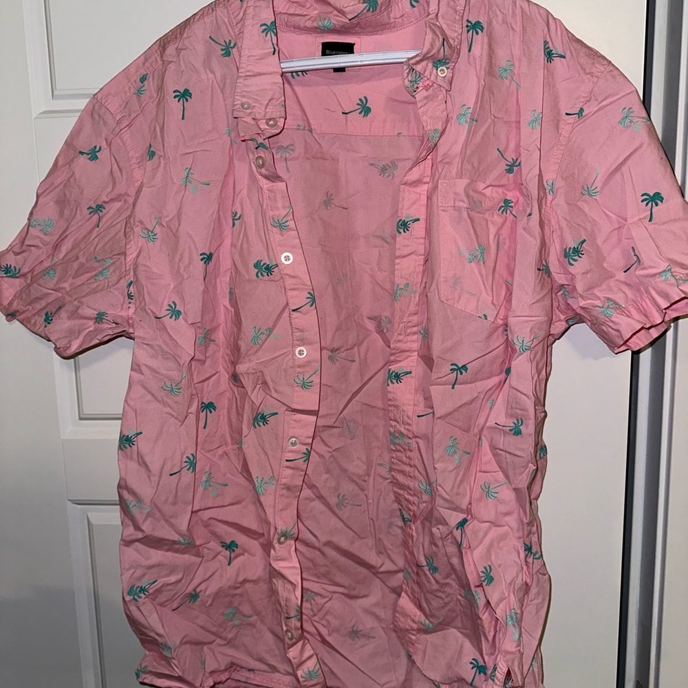 Pink palm tree print men’s button up shirt bluenotes